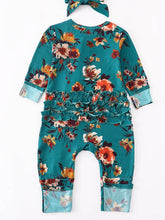 Load image into Gallery viewer, Green floral ruffle romper with bow
