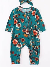 Load image into Gallery viewer, Green floral ruffle romper with bow
