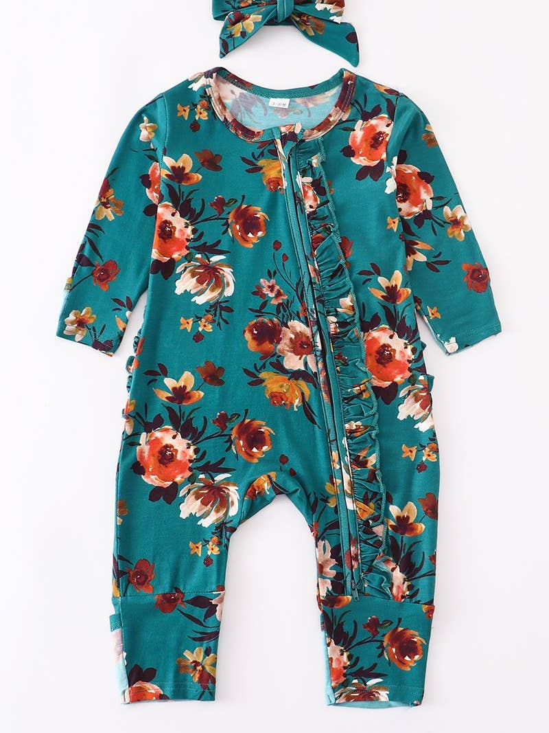 Green floral ruffle romper with bow