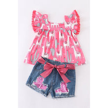 Load image into Gallery viewer, Pink Llama denim shorts set
