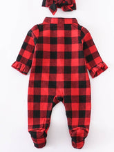 Load image into Gallery viewer, Red Black Plaid baby romper with footie and bow
