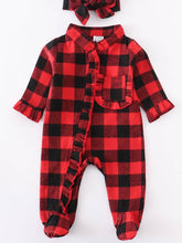 Load image into Gallery viewer, Red Black Plaid baby romper with footie and bow
