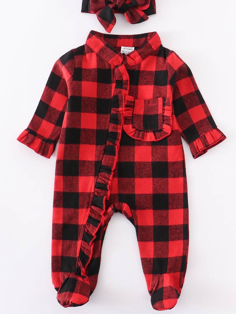 Red Black Plaid baby romper with footie and bow