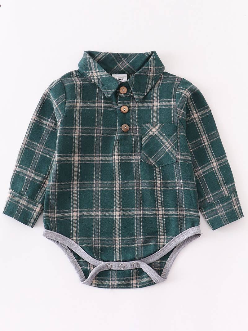 Green and grey plaid baby onesie long sleeve shirt