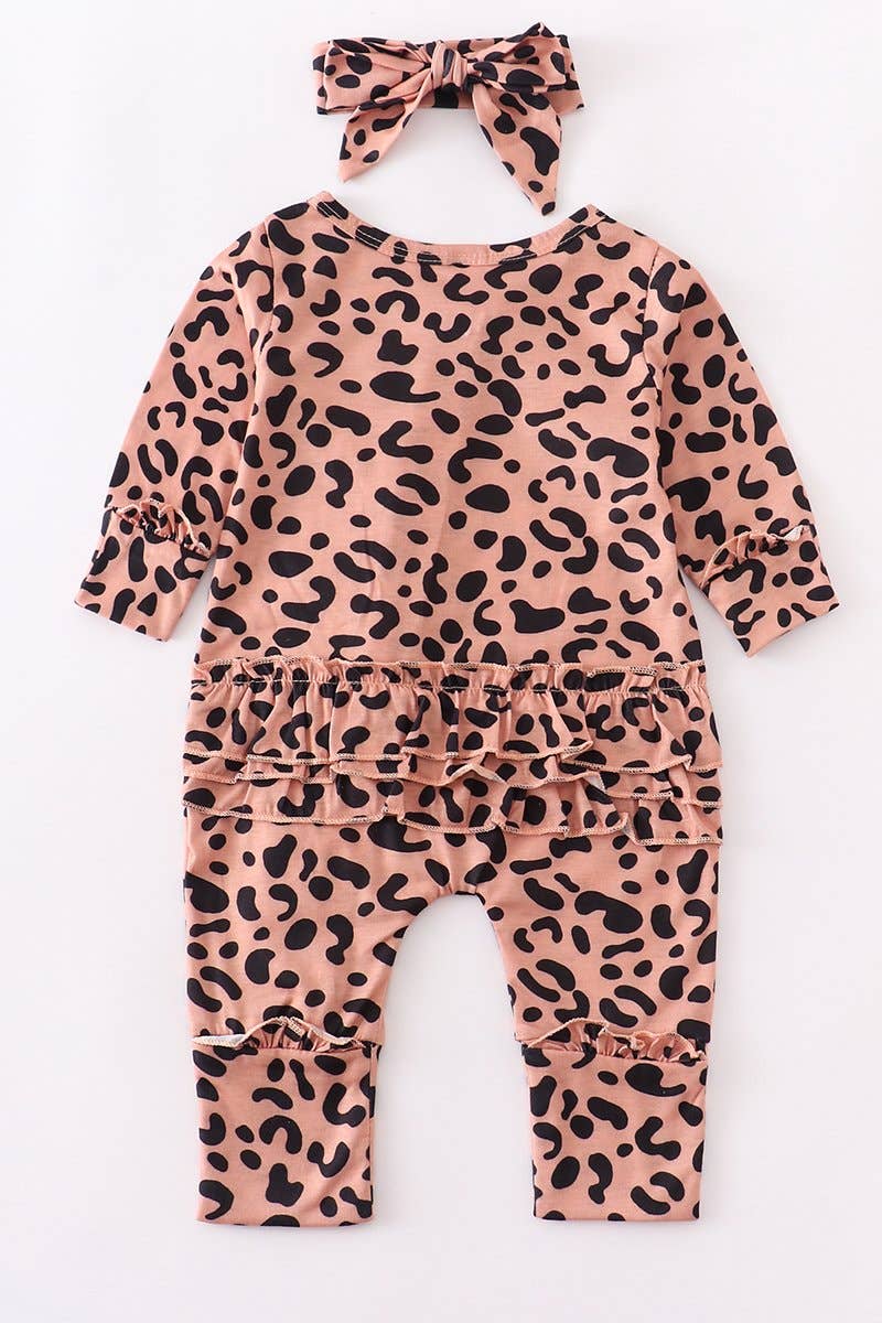 leopard zip ruffle romper with bow