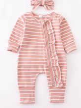 Load image into Gallery viewer, Pink stripe Ruffle Romper with bow
