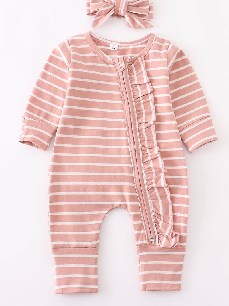 Pink stripe Ruffle Romper with bow