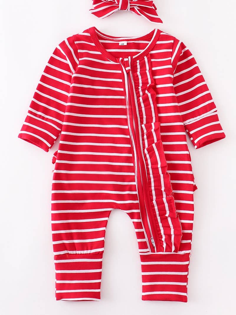 Red stripe Ruffle Romper with bow